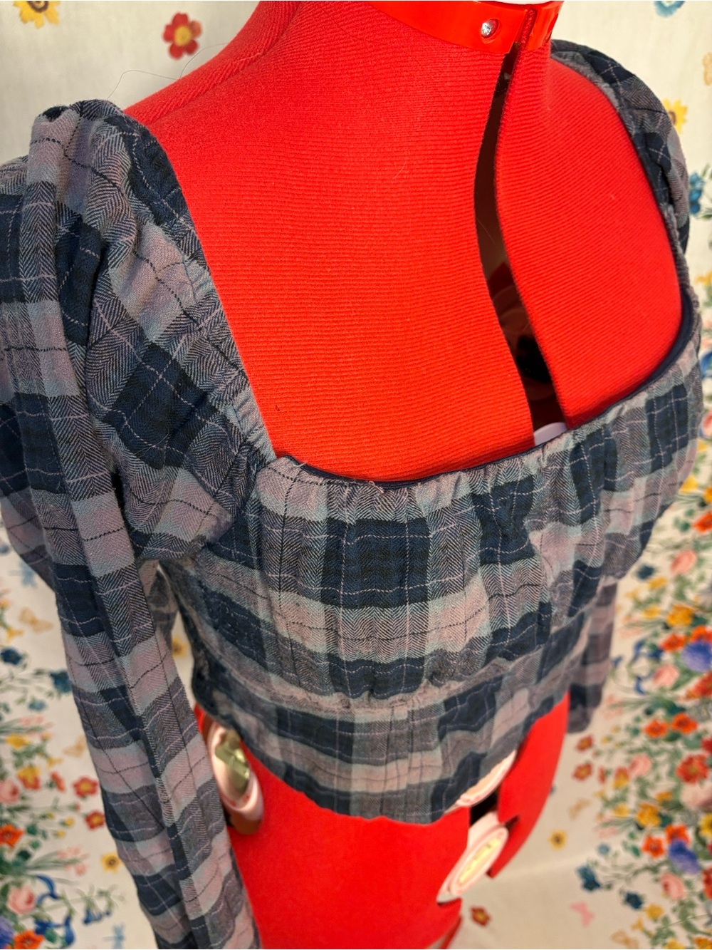 Wild Fable - 99% Cotton Black & Gray Plaid Square-Neck Long Sleeve Crop Top